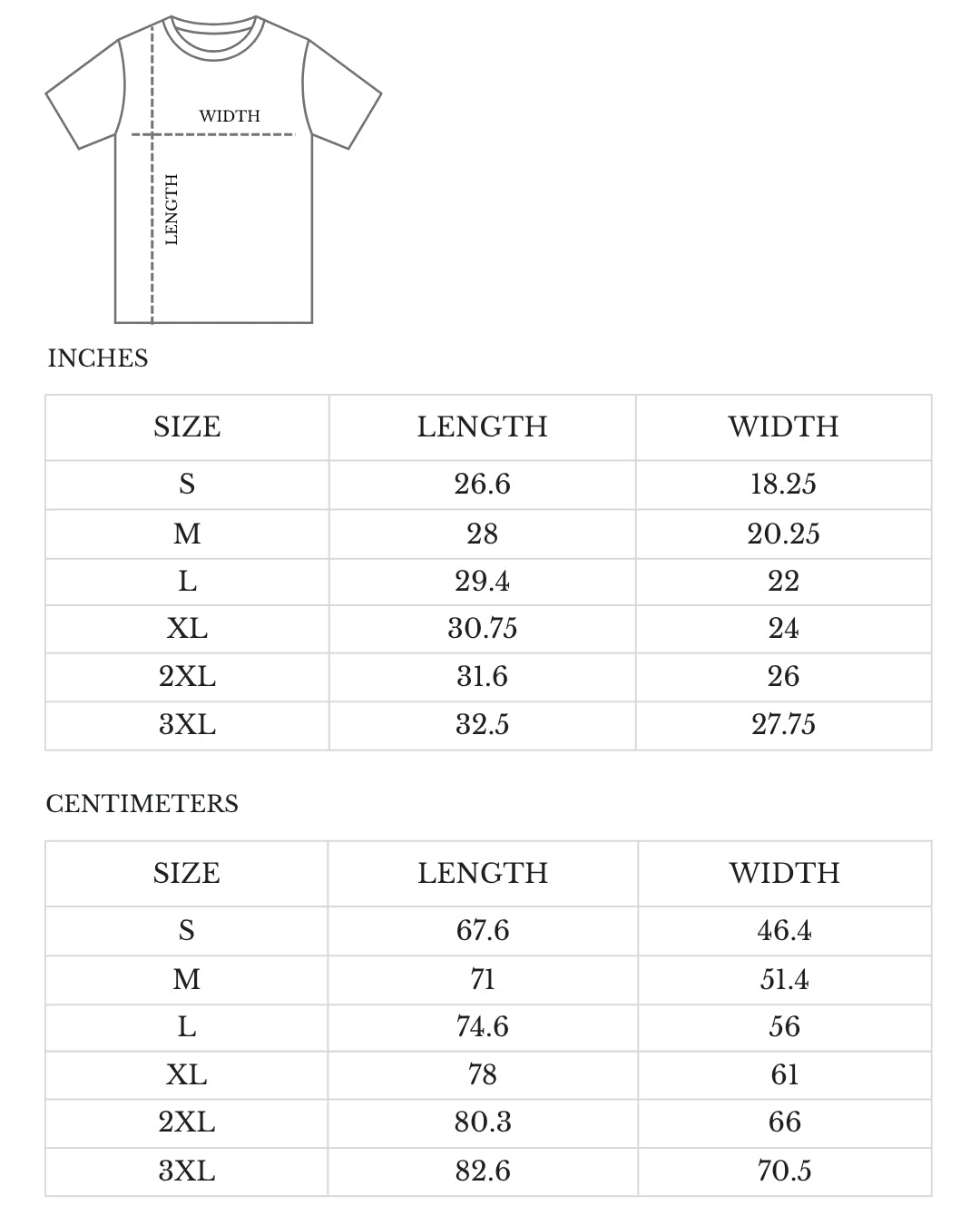 Size chart for t-shirts with measurements in inches and centimeters.